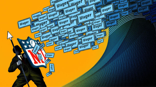 An illustration in the style of 1990s internet of a man holding the NFL shield to fend off a wave wager notifications.